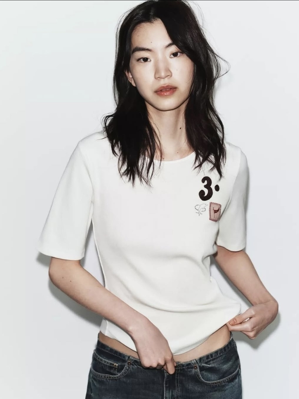 Zara White Short-Sleeve Knit Top with Number Patch